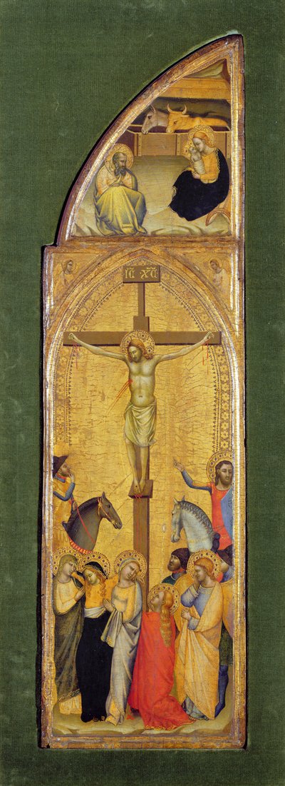 Korsfästelsen (olja på pannå) av Master of the Fabriano Altarpiece (attr. to)