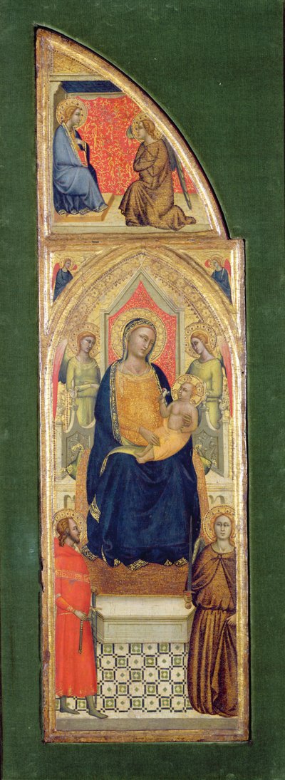 Jungfrun med barnet på tronen (olja på pannå) av Master of the Fabriano Altarpiece (attr. to)