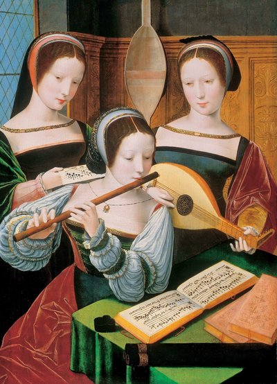 Nederländska: Musicerend gezelschap Kvinnliga musiker / Tre damer som spelar musik av Master of the Female Half Lengths