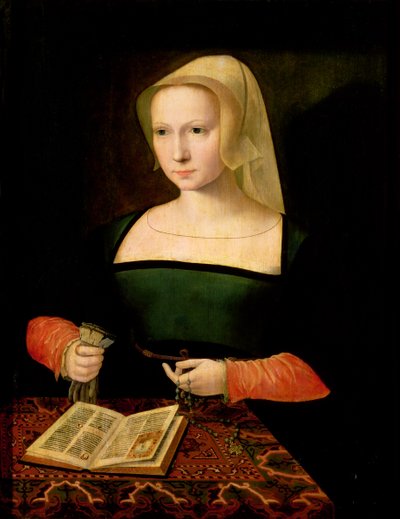 Porträtt av en ung kvinna (panel) av Master of the Female Half Lengths