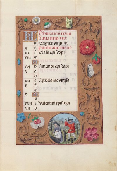 Hours of Queen Isabella the Catholic, Queen of Spain: Fol. 3r, februari, c. 1500. av Master of the First Prayerbook of Maximillian