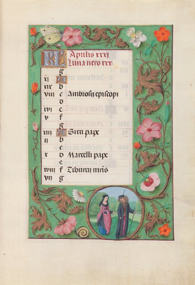 Hours of Queen Isabella the Catholic, Queen of Spain: Fol. 5r, april - Squire and Damsel, c. 1500. av Master of the First Prayerbook of Maximillian