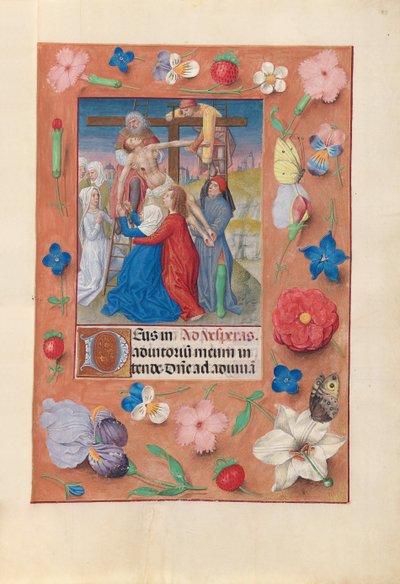 Hours of Queen Isabella the Catholic, Queen of Spain: Fol. 73r, Nedstigning från korset, ca. 1500. av Master of the First Prayerbook of Maximillian