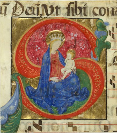 Manuskriptbelysning med jungfrun och barnet i ett initialt S, från ett antifonarium, mitten av 1400-talet av Master of the Franciscan Breviary