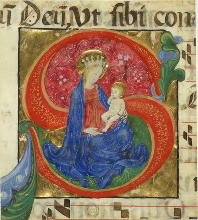 Manuskriptbelysning med jungfrun och barnet i en inledande S..., mitten av 1400-talet. av Master of the Franciscan Breviary