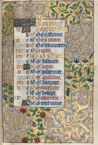 Tidsbok Användning av Rouen: fol. 1r, utarbetad folierad kant, ca. 1470. av Master of the Geneva Latini