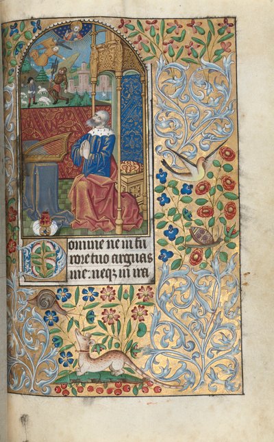 Tidsbok Användning av Rouen: fol. 80r, David Penitent, in the Distance David Slaying Goliath, c1470 av Master of the Geneva Latini