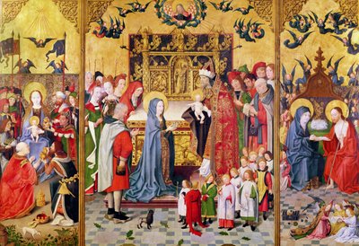 Altartavla över Jungfruns sju glädjeämnen, föreställande magiernas tillbedjan, presentationen i templet och Kristus som visar sig för Maria, ca 1480 av Master of the Holy Family