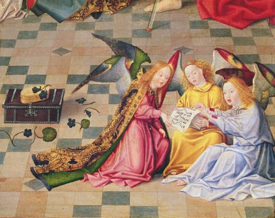 Agelu musika mai le laulau taumatau o le fata faitaulaga o le Seven Joys of the Virgin, c.1480 (suauu i luga o fafie) (auiliiliga o le 215399)swed av Master of the Holy Family