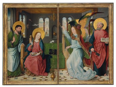 Bebådelsen, med de heliga Bartholomew och Peter, två vingar från en altartavla av Master of the Holy Kinship