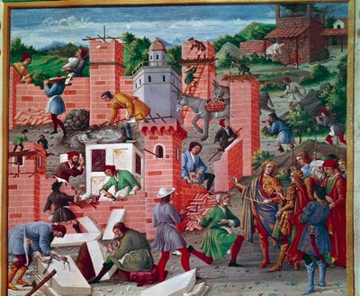 Byggandet av staden Rom. Tvillingarna Romulus och Remus besöker platsen (besiktning av arbete och förarbete). Arbetarna är aktiva i uppgiften: Macons, Stenskräddare, bärare, marmor och cement (förbereder cement) på jobbet. Miniatyr i "" Romuleon. av Master of the Innocent III missal