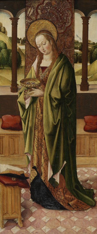 Triptyk av Jungfru och barn med två änglar, detalj av St. Lucy från höger panel, ca 1500 (se även 225326, 225327) av Master of the Lee Triptych Master of the Lee Triptych