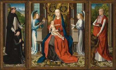 Triptyk av Madonna med barn och änglar, donatorn och hans beskyddare Sankt Petrus Martyren och Sankt Hieronymus av Master of the Legend of Saint Lucy