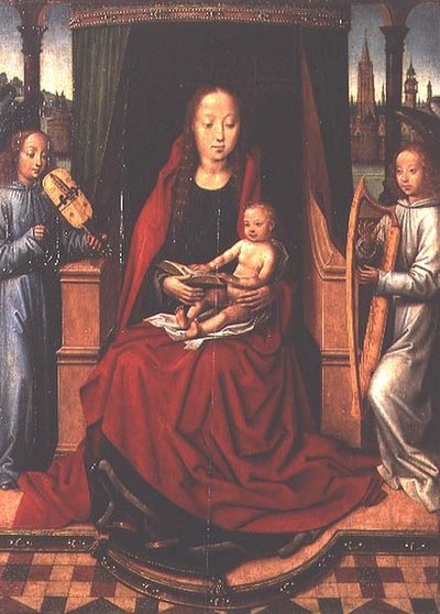 Madonna och barn med två musikaliska änglar av Master of The Legend of St. Lucy