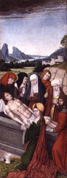 The Entombment (grisailleoljor på panel) av Master of the Legend of St. Ursula (circle)