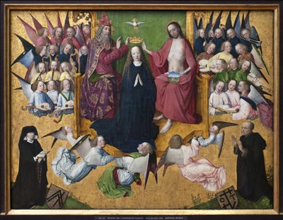 Marias kröning. Representation av den heliga treenigheten: Gud, Jesus Kristus och den helige Andes duva (Helige Ande). Målning av Lyversbergers passionsmästare (aktiv 1460-1490), olja på trä, tidig tysk konst 1400-talet. München, Alte av Master of the Lyversberg Passion