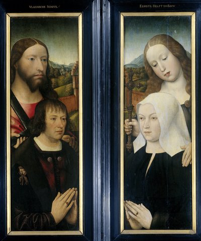 Två vingar av en triptyk med donatorn, Thomas Isaacq, åtföljd av Saint Thomas (vänster, yttre flygeln), och donatorns fru tillsammans med Saint Margaret (höger, yttre flygeln) av Master of the Magdalen Legend