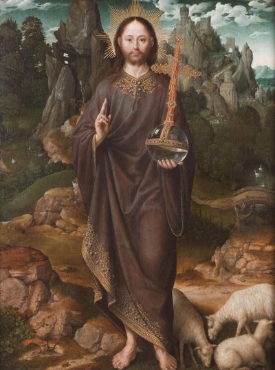 Holländska: Christus als Salvator Mundi Salvator Mundi i ett landskap av Master of the Mansi Magdalen