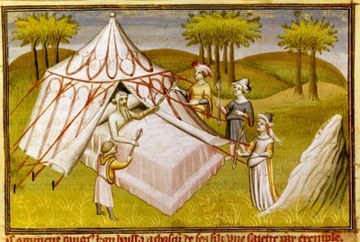 Den mongoliska ledaren Gengis Khan på sin dödsbädd och gav sina sista rekommendationer till sina söner, ca 1410 (miniatyr) av Master of the Mazarine
