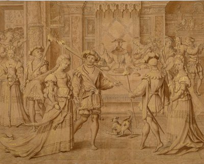 "Petit Patron" för den fullskaliga gobelängserien "January" (svart krita & brun tvätt med guld på papper) av Master of the Months of Lucas