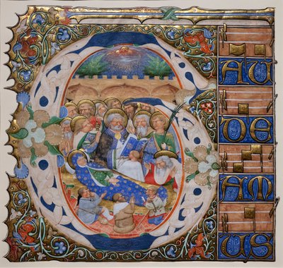 Historikerad initial med jungfruns död. Mästare på Murano Gradual. Ca 1420 (pergament) av Master of the Murano Gradual
