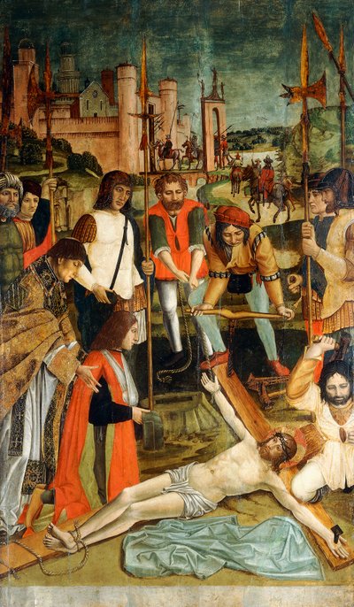 Kristus spikade på korset med en donator med armen i en sling presenterad av en präst av Master of the Pavia Deposition