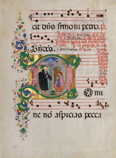 Manuskriptblad med Saint Benedict som återupplivar en pojke i ett initialt D, från ett antifonarium. av Master of the Riccardiana Lactantius