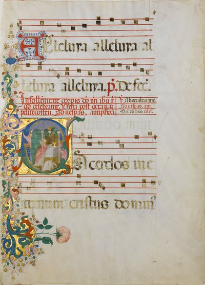Manuskriptblad med firandet av en mässa i en inledande S..., andra hälften av 1400-talet. av Master of the Riccardiana Lactantius