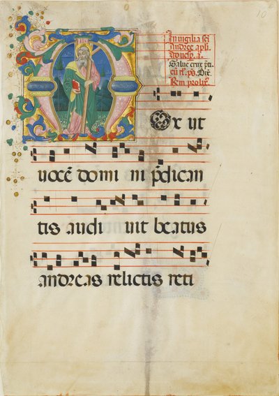 Manuskriptblad med den helige Andreas högtid i ett inledande M ..., andra hälften av 1400-talet. av Master of the Riccardiana Lactantius