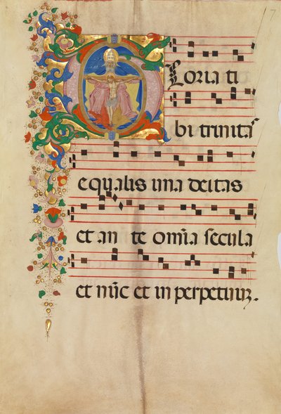 Manuskriptblad med treenigheten i ett initialt G, från ett antifonarium, andra hälften av 1400-talet. av Master of the Riccardiana Lactantius