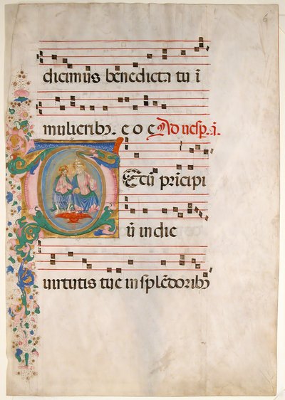Manuskriptblad med treenigheten i ett initialt T, från ett antifonarium, andra hälften av 1400-talet. av Master of the Riccardiana Lactantius