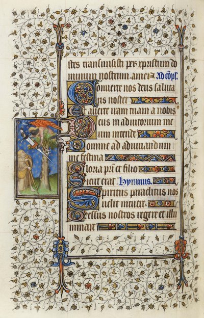 Ms 62 f.132v Bevingad figur i en trädtopp med en bok genomborrad av ett svärd, från "Hours of the Holy Spirit" av Guillaume de Deguilleville