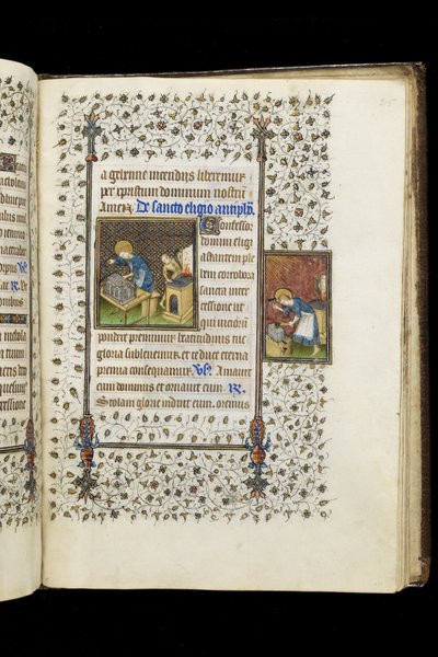 Ms 62 f.215r St Eligius gör en helgedom; St. Eligius vid ett städ, från en timbok, c.1445-50 (vellum) av Master of the Rohan Hours