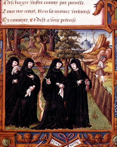 Representation av drottningen av Navarra Margarita av Angoulema (1492-1549) som pratar med sina kamrater. Sidan hämtad från manuskriptet "" La coche ou Debat d