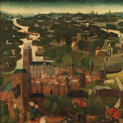 Översvämningen på Saint Elizabeths dag Yttre vänstra flygeln på en altartavla med floden Saint Elisabeth, 18-19 november 1421, med staden Dordrecht i bakgrunden av Master of the St Elizabeth Panels