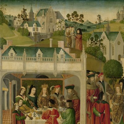 Bröllopsfest för Saint Elizabeth av Ungern och Ludvig av Thüringen i Wartburg, inre vänstra flygeln på en altartavla gjord för Grote Kerk i Dordrecht av Master of the St Elizabeth Panels