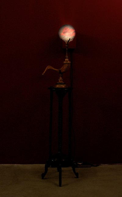 Hornblåsare, 2002 (glas, vatten, mässing, ramhorn, trä, videoprojektor och spelare) av Mat Collishaw