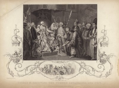 Kung George III tar emot den turkiska ambassadören och stämningen av Mather Brown