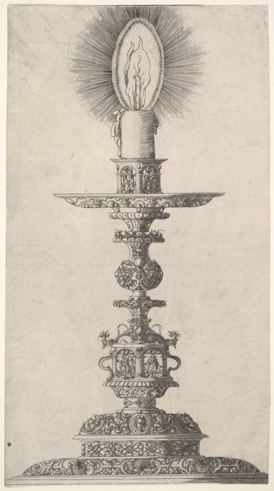 Ljusstake med tända ljus från: Insigne Ac Plane Novum Opus Cratero graphicum, Ein n..., 1551. av Mathias Zundt
