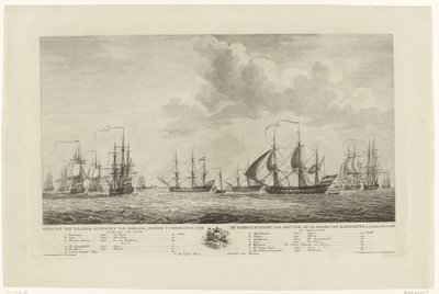 Holländsk krigsflotta utanför Rammekens, 1782-1783 Utsikt över landets krigsfartyg, under befäl av konteramiralen van Kruyne, på Rammekens väggård i den Jaare 1782 och 1783 (titel på objektet) av Mathias de Sallieth