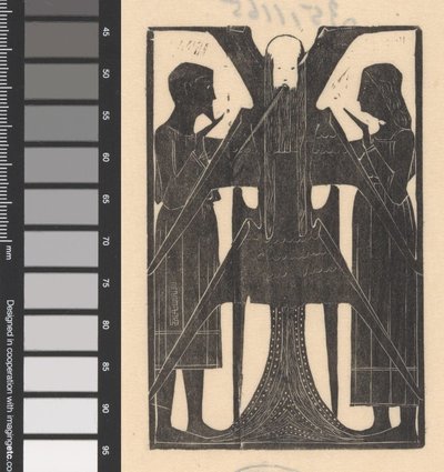 Man och kvinna bredvid en bevingad figur I en avlägsen värld (originaltitel) av Mathieu Lauweriks