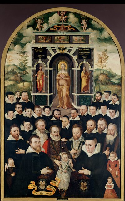 Allegorisk panel föreställande Jungfrun, Henri IV (1553-1610) och hovmän, donatorer, hans fru och medlemmar av deras familj av Mathieu Prieur