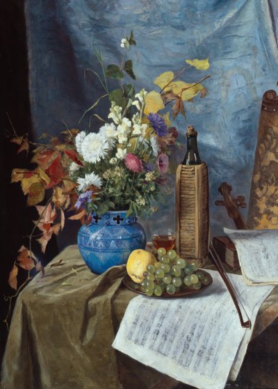 Arrangemang med vinflaska, blommor och frukt av Mathilde Dietrichson