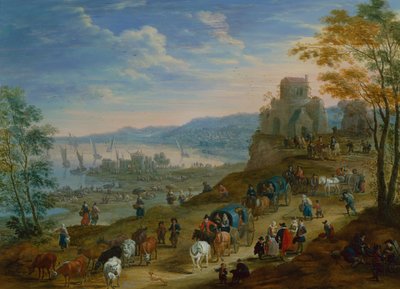 Kustscen med Drovers (olja på panel) av Mathys Schoevaerdts