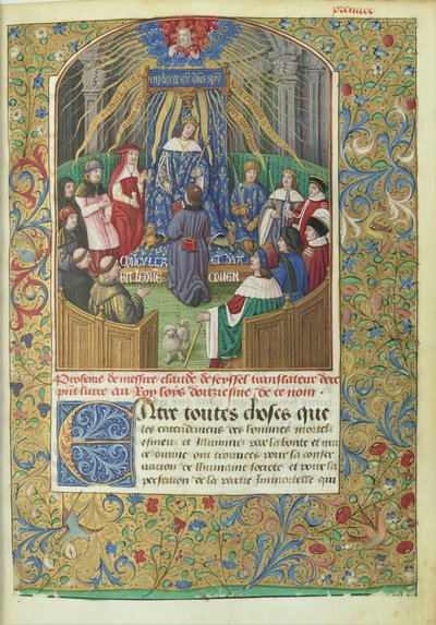 Xenofons Anabasis översatt av Claude de Seyssel: dedikationsscen, manuskriptet är en gåva från översättaren till Ludvig XII. av Maitre de Philippe de Gueldre