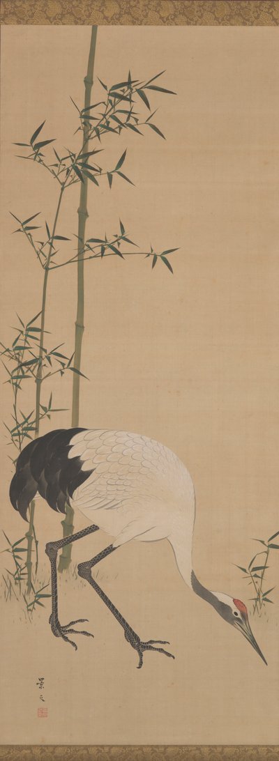 Tranor, bambu och tall, Edo-period (bläck & vattenhaltiga färger på siden) av Matsumura Keibun