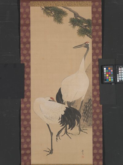 Tranor, bambu och tall, Edo-period (bläck & vattenhaltiga färger på siden) av Matsumura Keibun