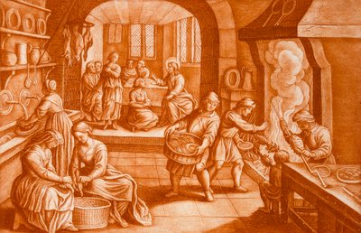 Berättelsen om Maria och Marta, illustration från Bibeln, graverad av J.C. Bodenehr (sepiagravyr) av Mattaus the Younger Merian