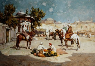 Arabiska krigare på ett marknadstorg, ca 1910 (olja på panel) av Matteo Da Angelo Rossotti