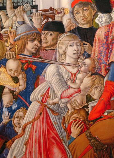 The Massacre of the Innocents, detalj av en soldat som genomborrar en baby med sitt svärd, 1482 tempera på paneldetalj av 106233 av Matteo di Giovanni di Bartolo